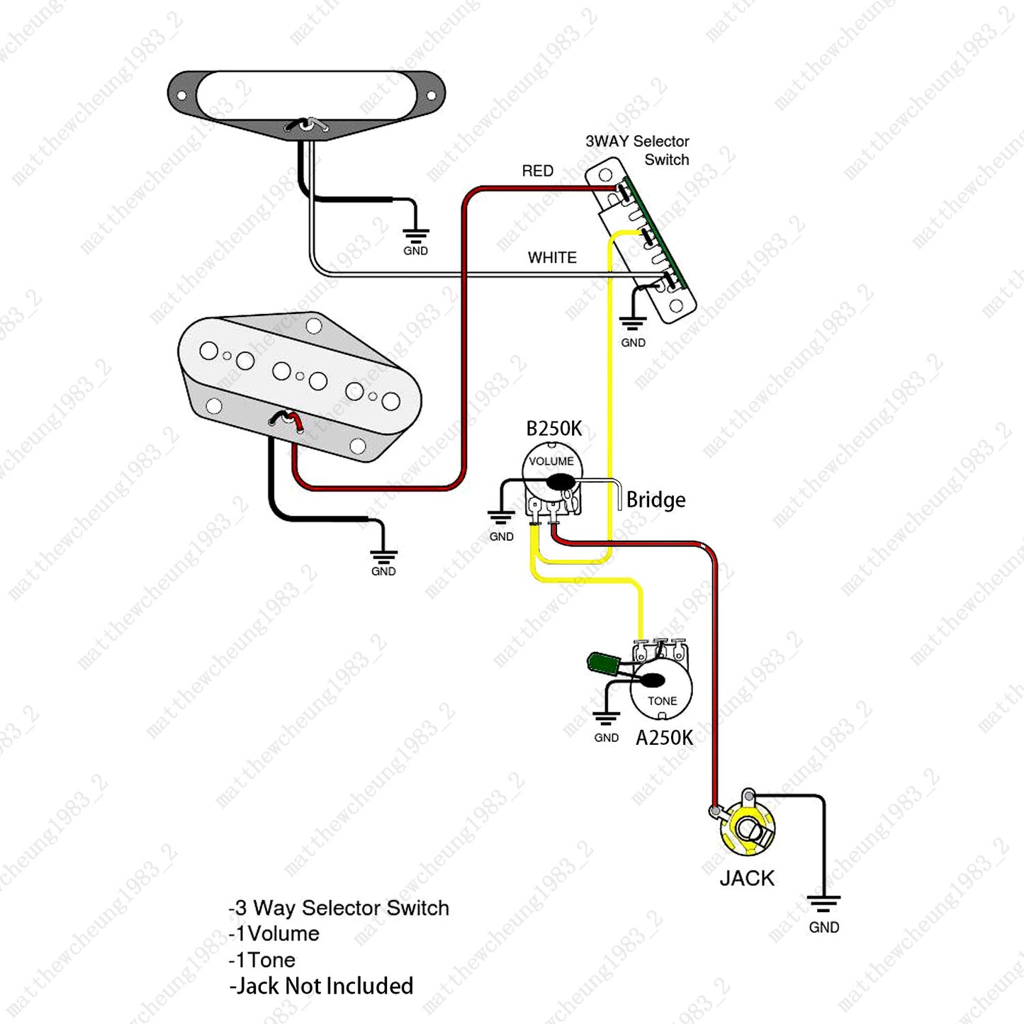 Electric Guitar Circuit Assembly 1T1V 250K 3-way Switch Without Socket For Tele