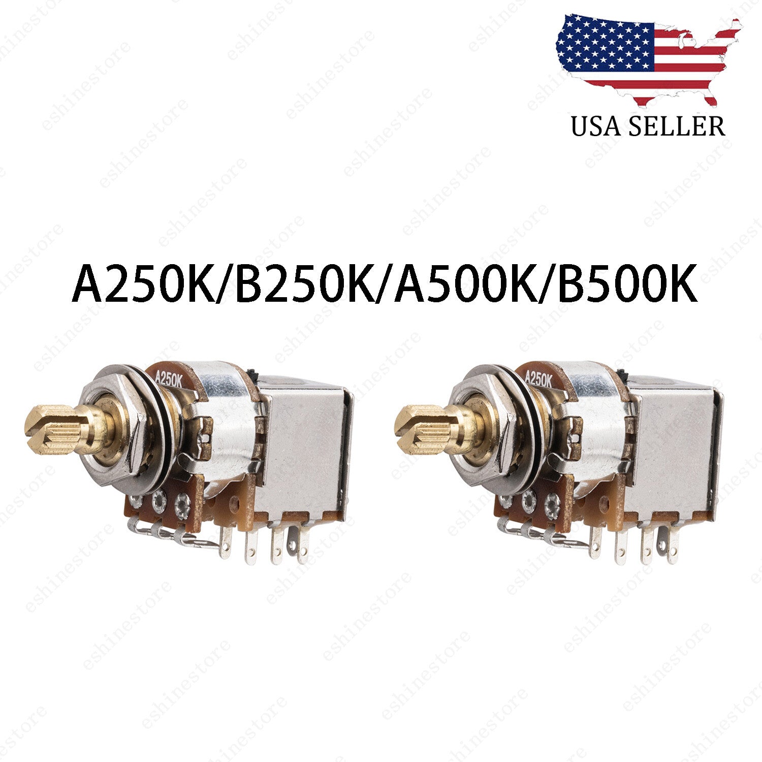Full Brass Short Shaft Pot Push-Push Switch A250K/B250K/A500K/B500K 2 PCS