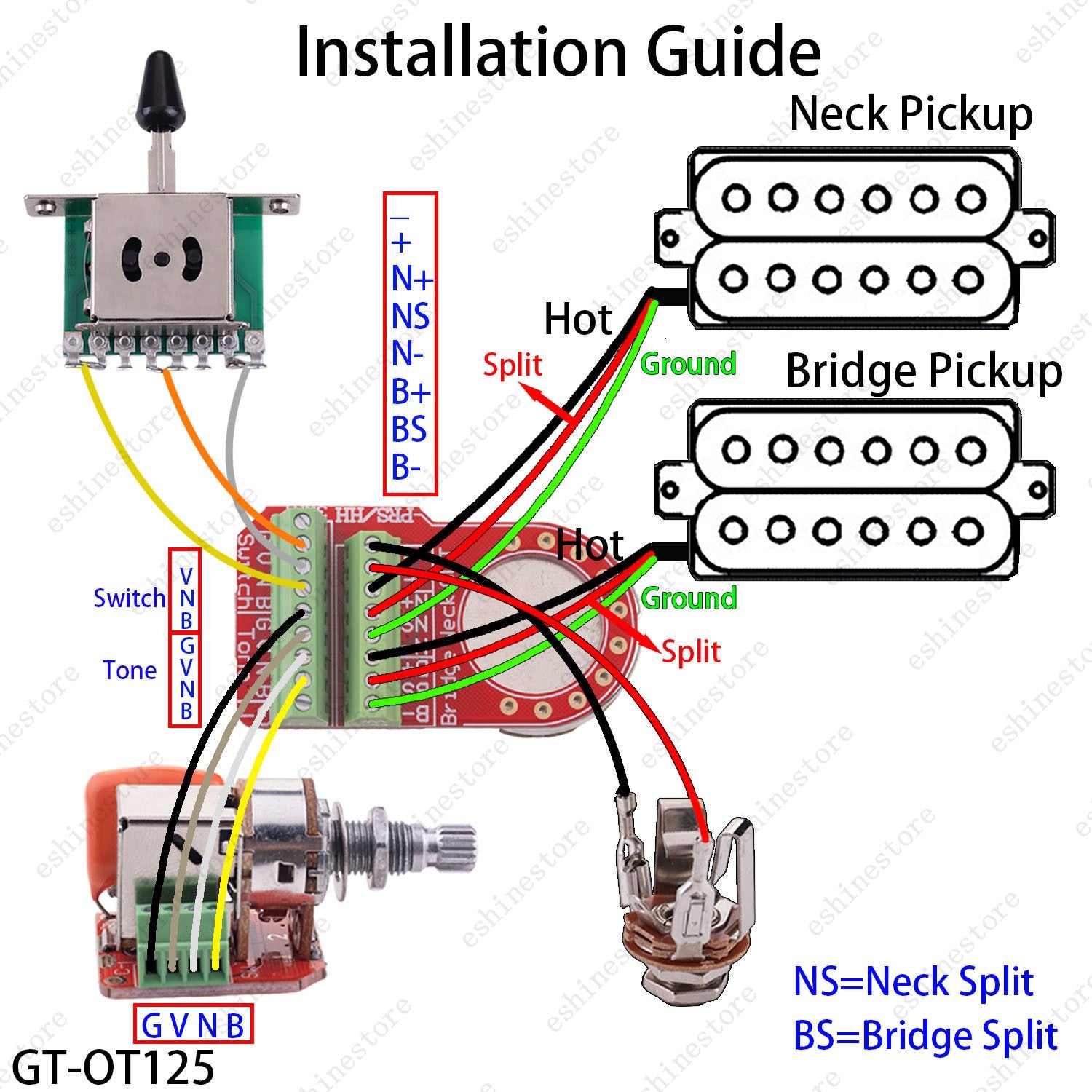 Solderless HH Wiring Harness Treble Bleed Circuit w/ Push-Pull Coil Split for ST