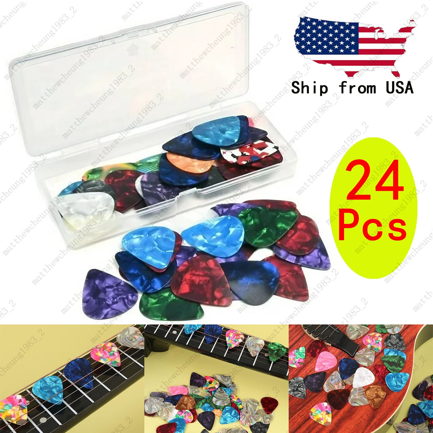 24 Pcs Colorful Celluloid Guitar Pick Electric Acoustic Guitars 0.46-1.2mm w/Box