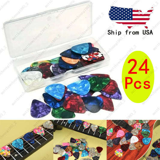 24 Pcs Colorful Celluloid Guitar Pick Electric Acoustic Guitars 0.46-1.2mm w/Box