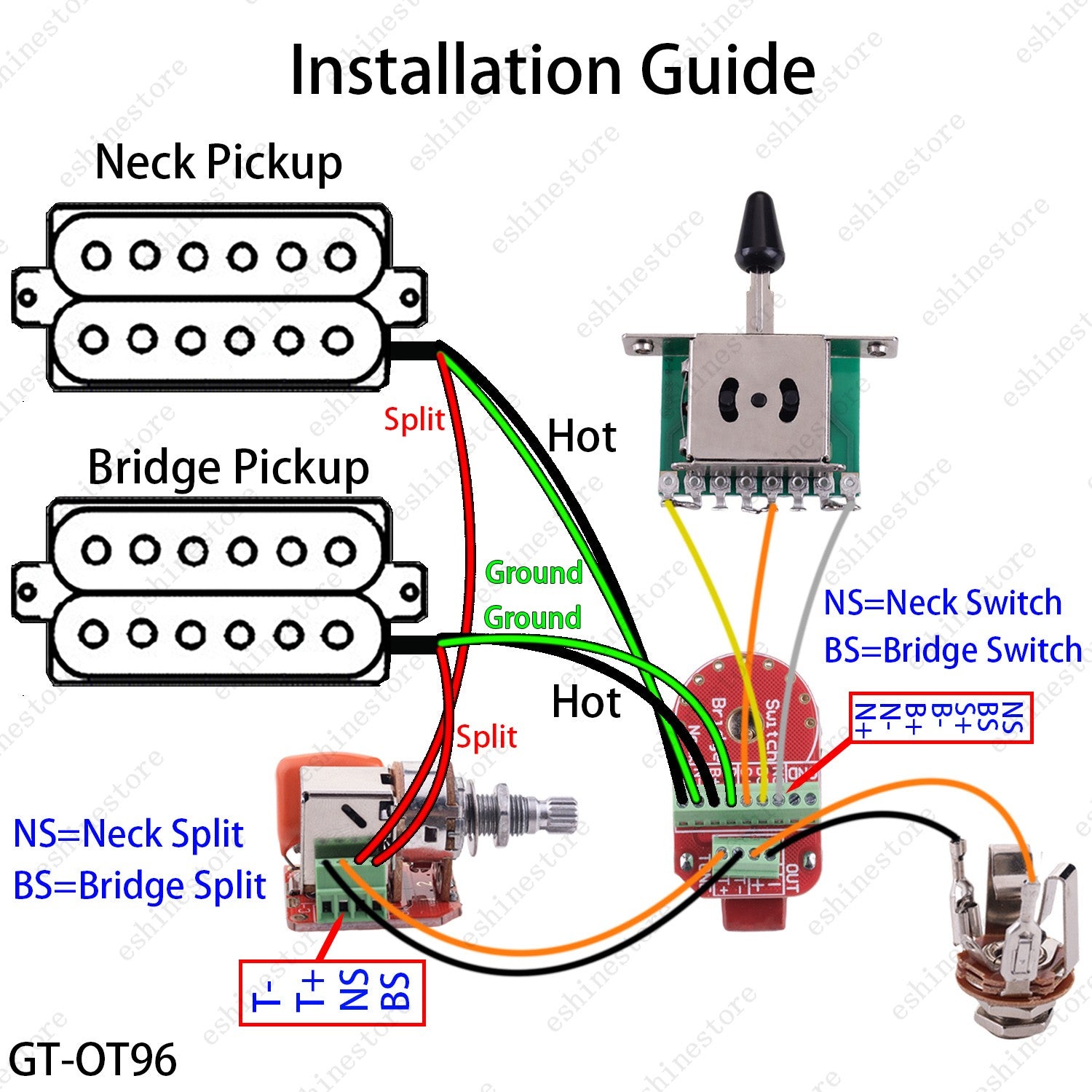 Solderless HH Wiring Harness Treble bleed Circuit w/ Coil Splitting for Strat