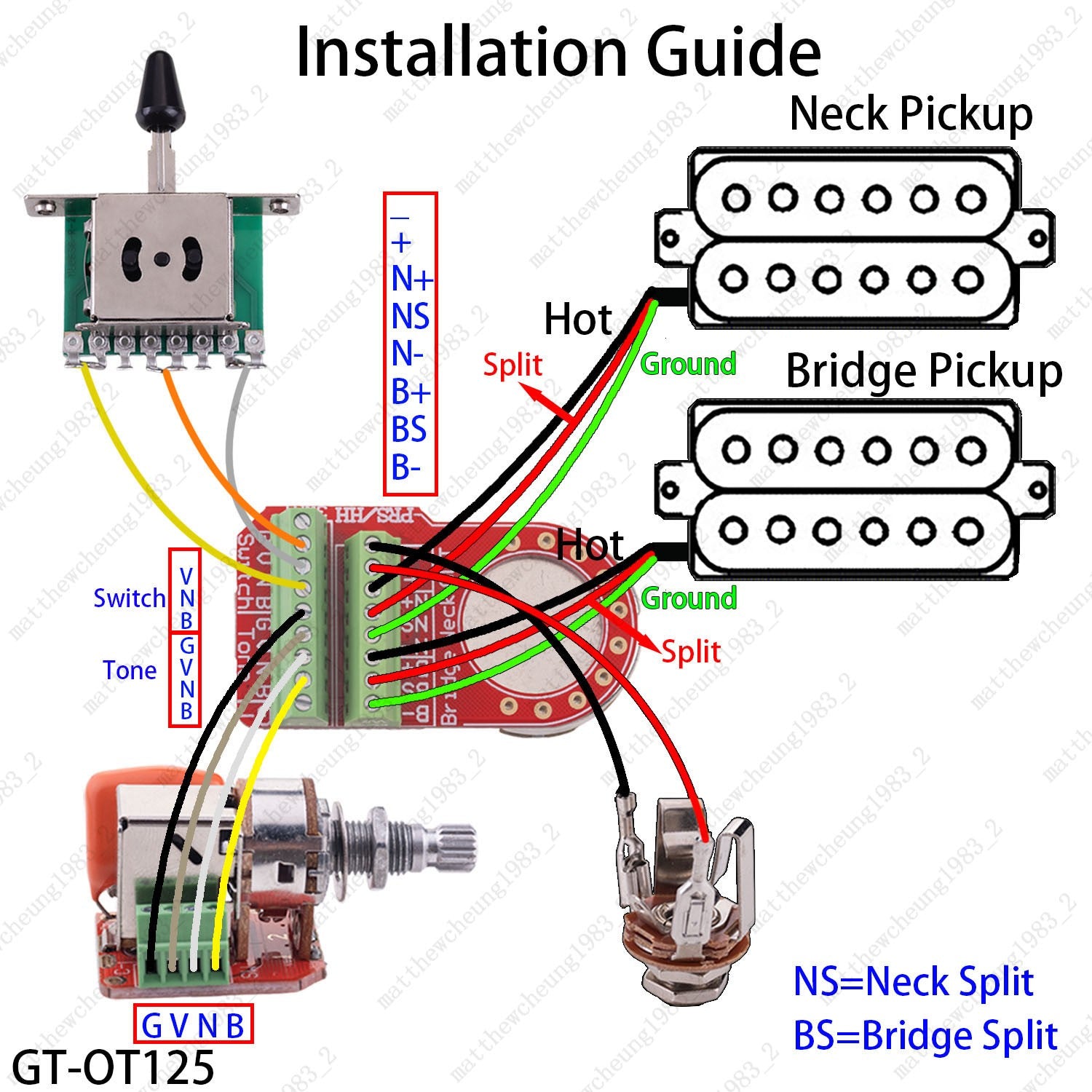 Solderless HH Wiring Harness 3-Way Switch + Push-Pull Coil Splitting for Strat