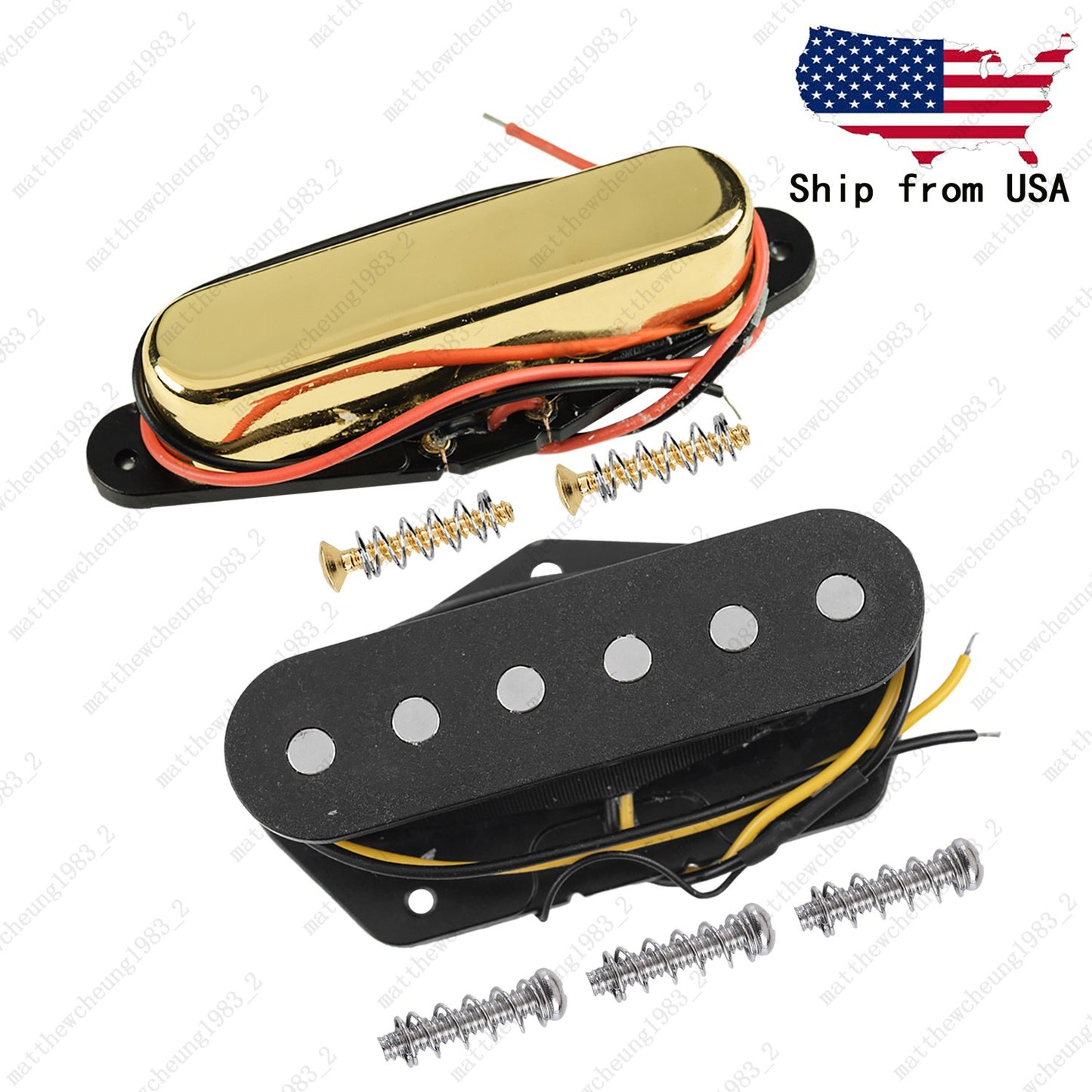 A set of Ceramic Single Coil Neck+Bridge Pickup for TELE Guitars - Gold+Black