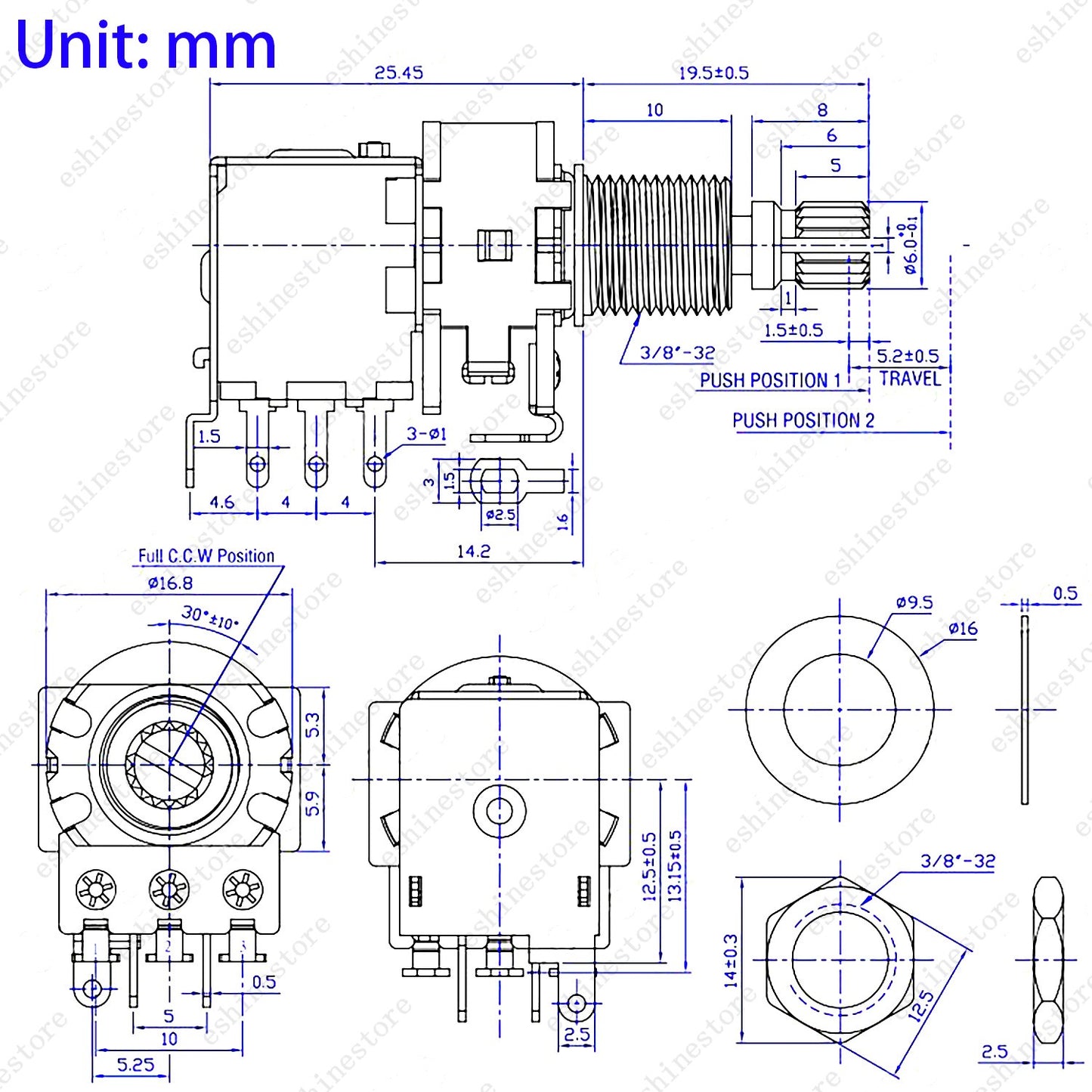 4x 18-Split Brass Long Shaft Pot Push-Push Switch A/B25/50K/ For Active Pickup