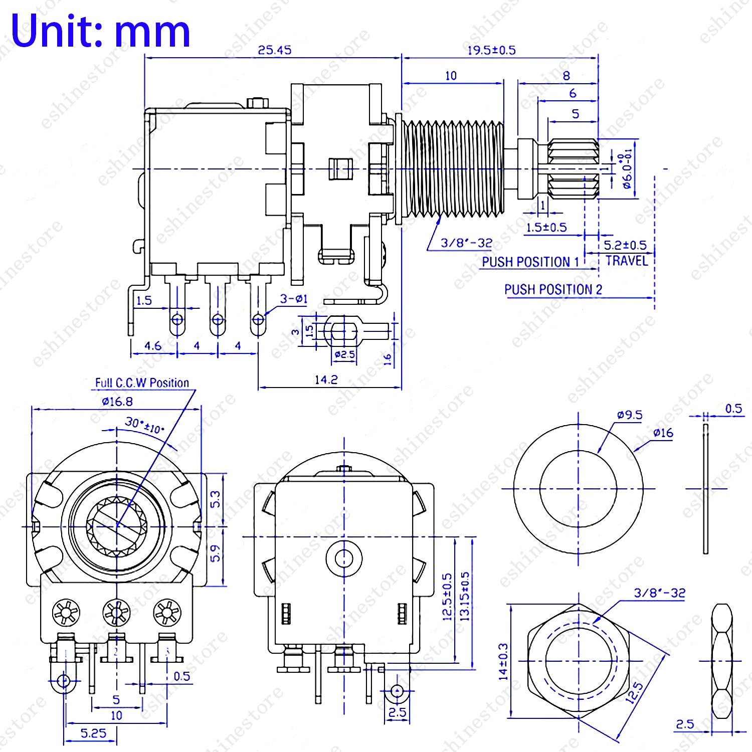 4x 18-Split Brass Long Shaft Pot Push-Push Switch A/B25/50K/ For Active Pickup