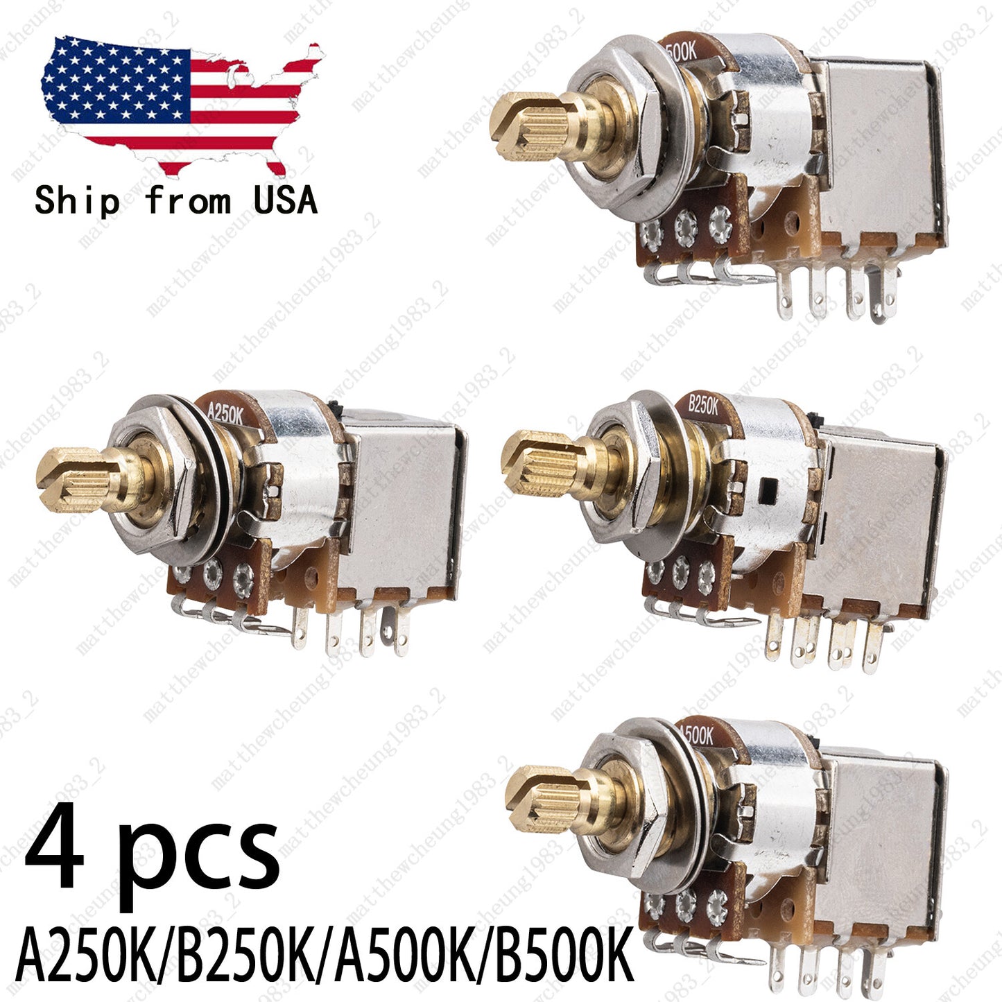 Full Brass Short Shaft Pot Push-Push Switch A250K/B250K/A500K/B500K 4 PCS