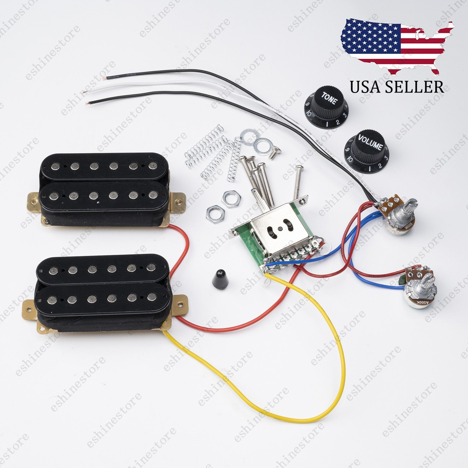 3 Way Guitar HH Pickup Wiring Harness Prewired 1T1V 500K Pots for Start- Black