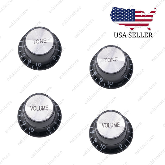 4x 60s Style Guitar Reflector Knobs Black/Silver Top Hat Knobs For Les Paul SG