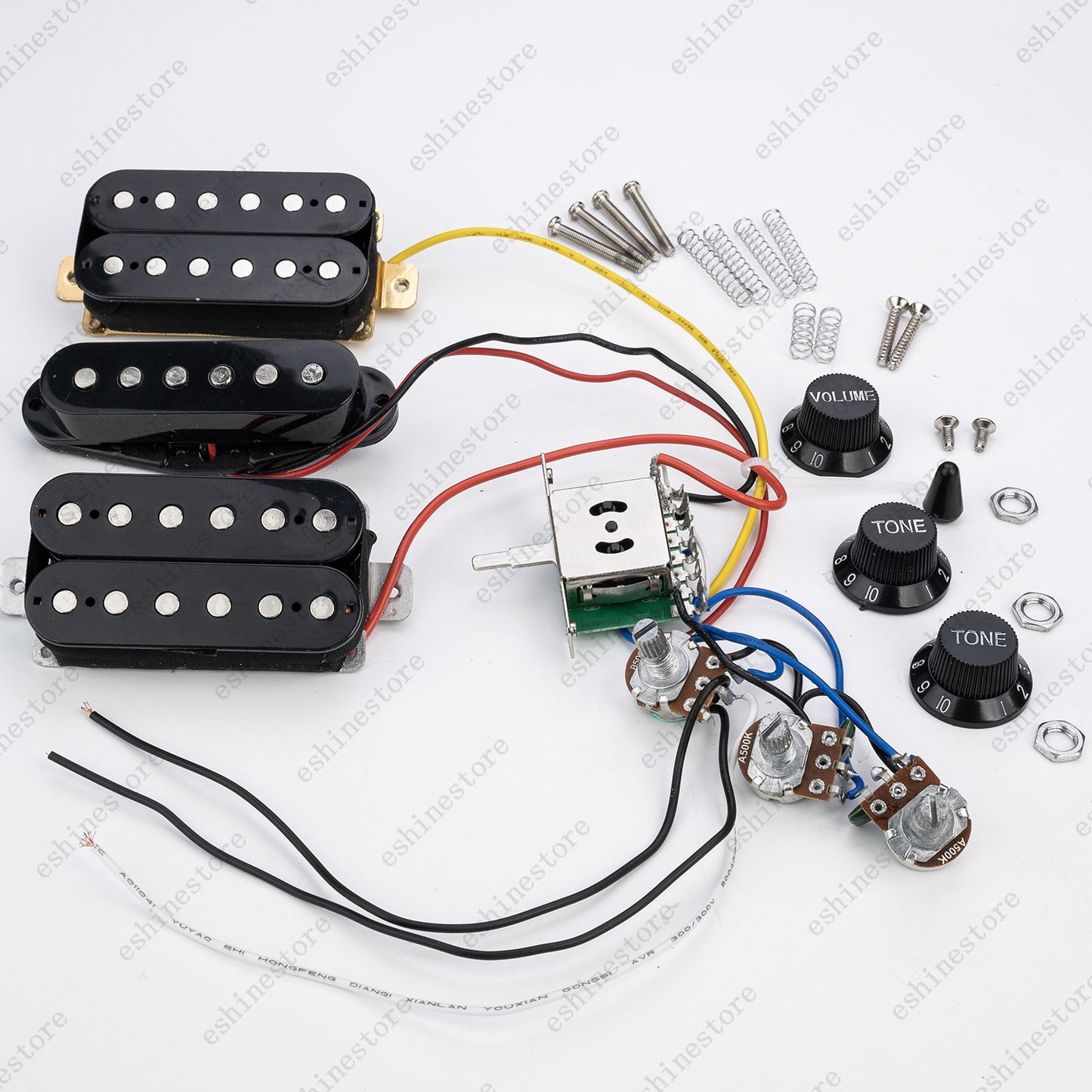 5-Way Guitar HSH Pickup Wiring Harness Prewired 2T1V 500K Pots for Start- Black