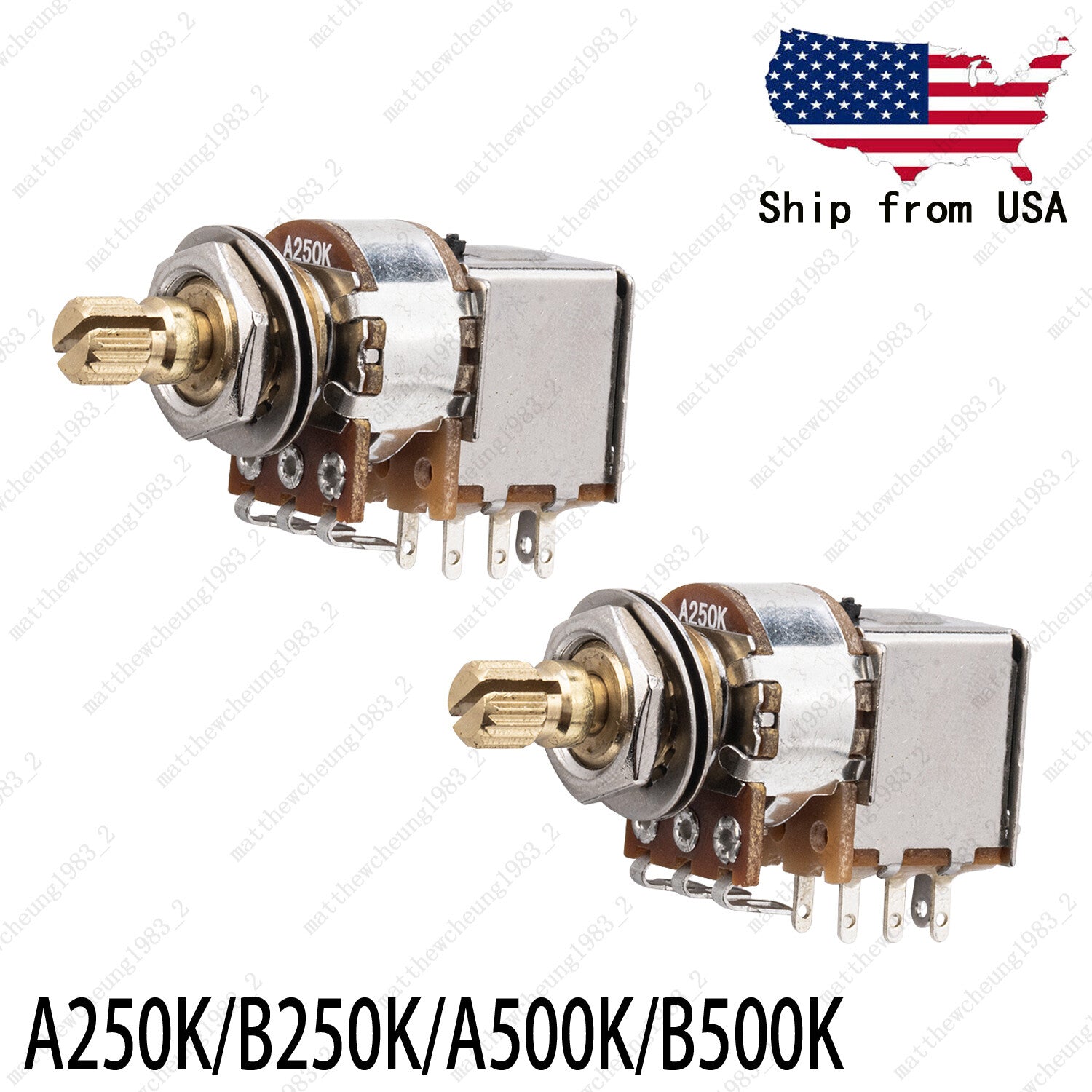 Full Brass Short Shaft Pot Push-Push Switch A250K/B250K/A500K/B500K 2 PCS