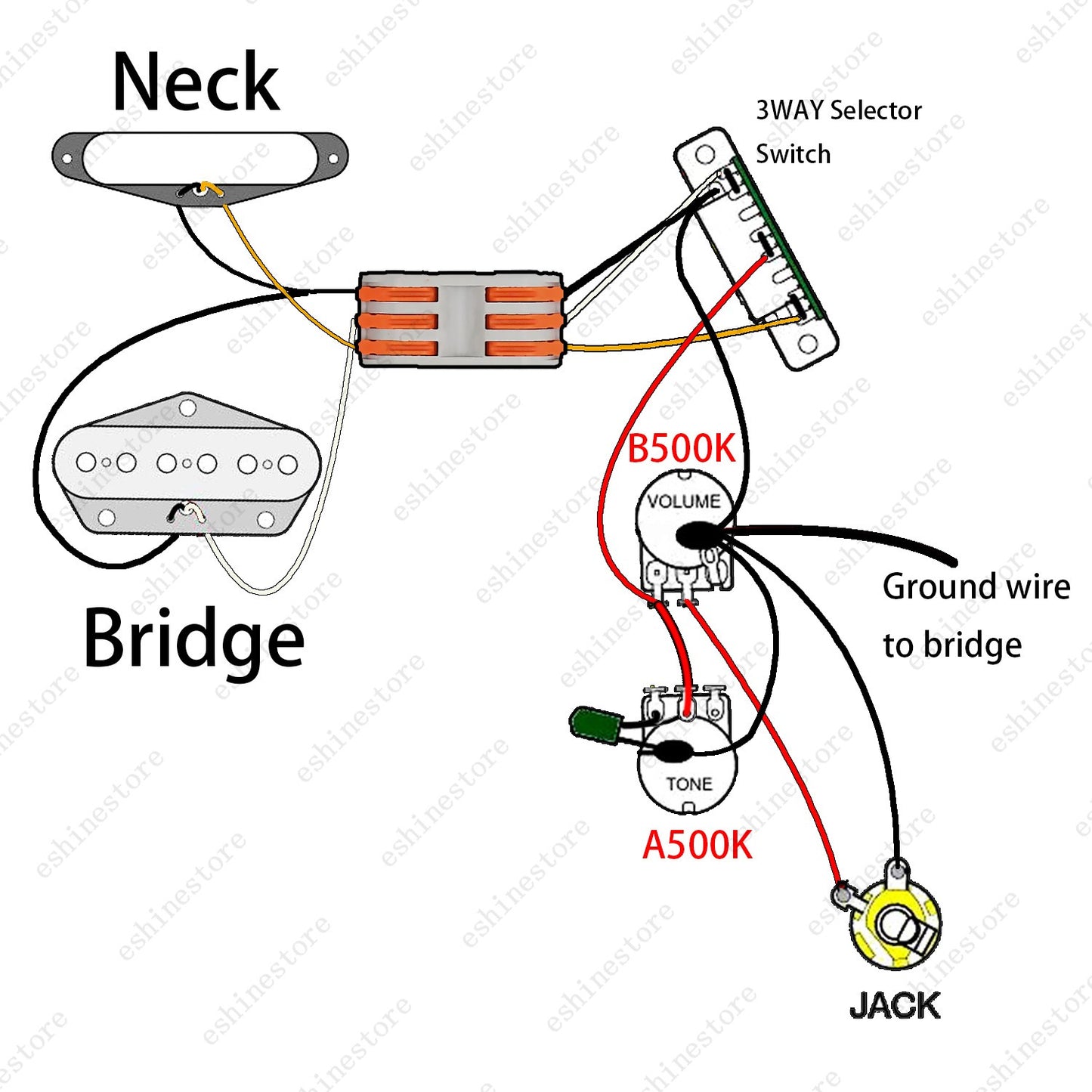 Guitar Wiring Harness Kit 3-Way Switch 1 Volume 1 Tone A/B500K Pots For Tele