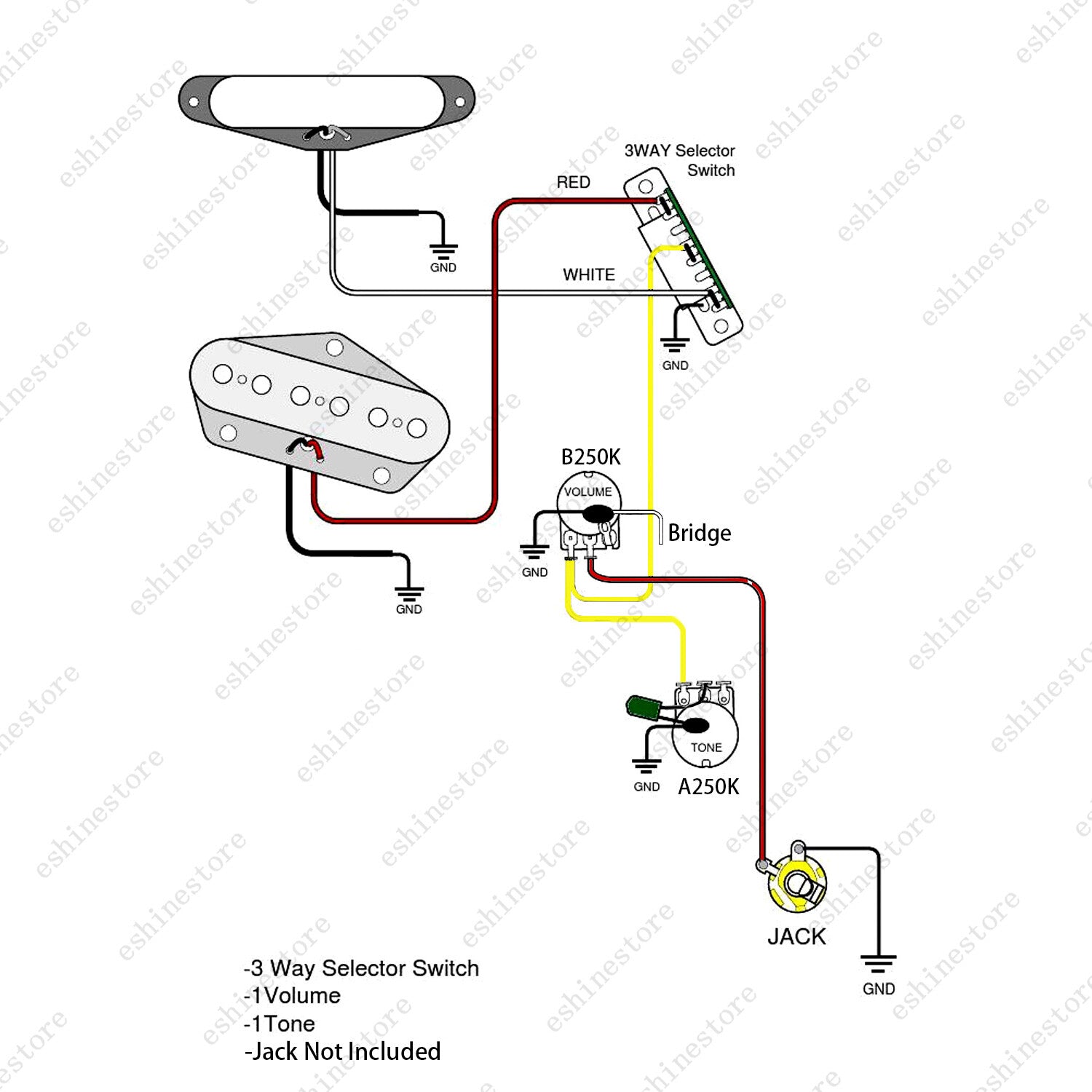 Electric Guitar Circuit Assembly 1T1V 250K 3-way Switch Without Socket For Tele
