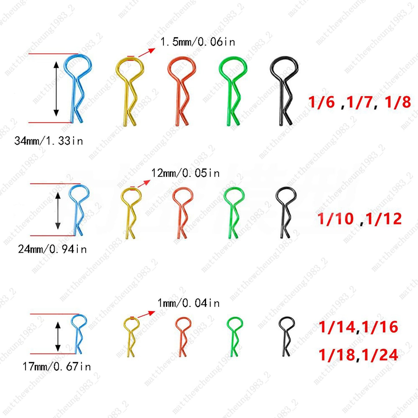 5-Color Universal RC R-Clips (1 Box) - 3 Sizes (17/24/34mm), Fit Most RC Cars