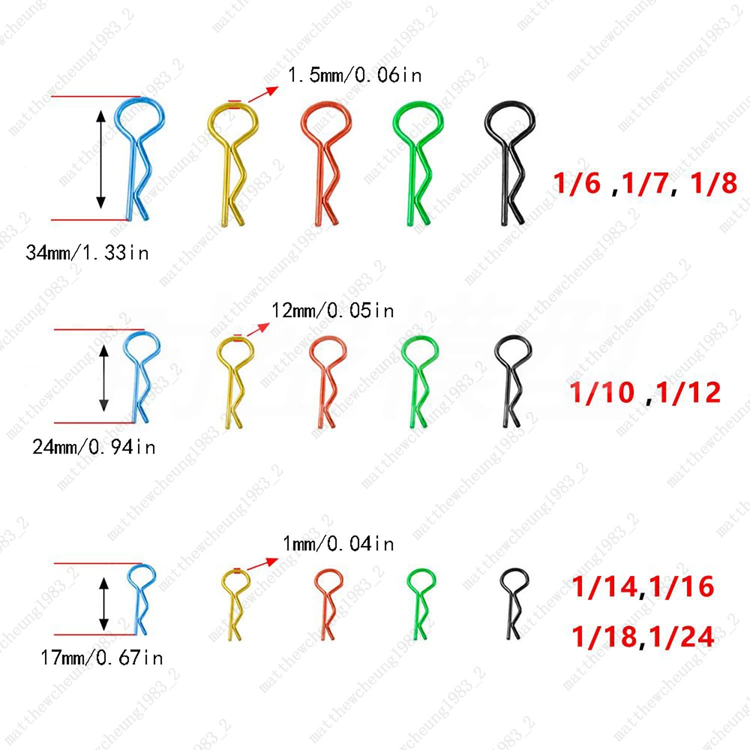 5-Color Universal RC R-Clips (1 Box) - 3 Sizes (17/24/34mm), Fit Most RC Cars