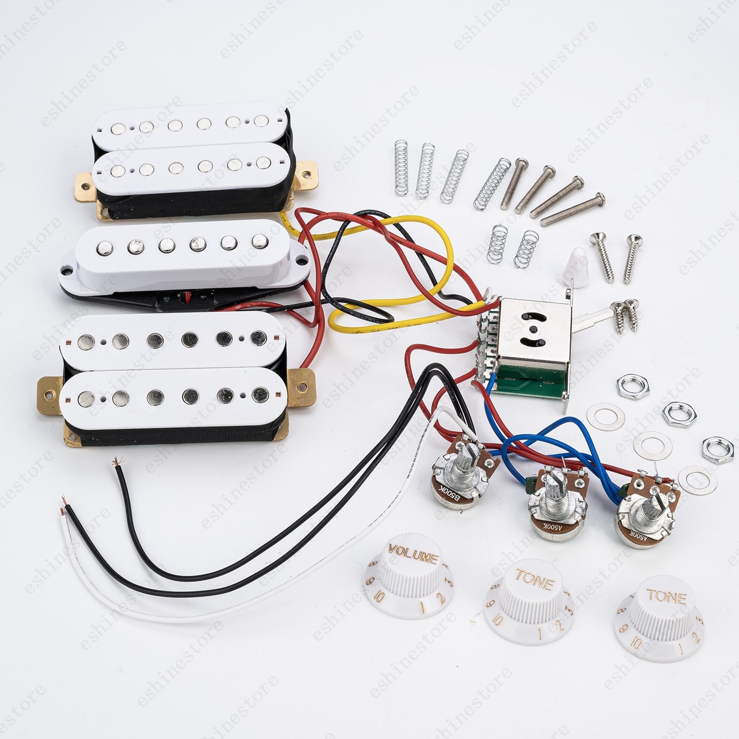 5-Way Guitar HSH Pickup Wiring Harness Prewired 2T1V 500K Pots for Start- White