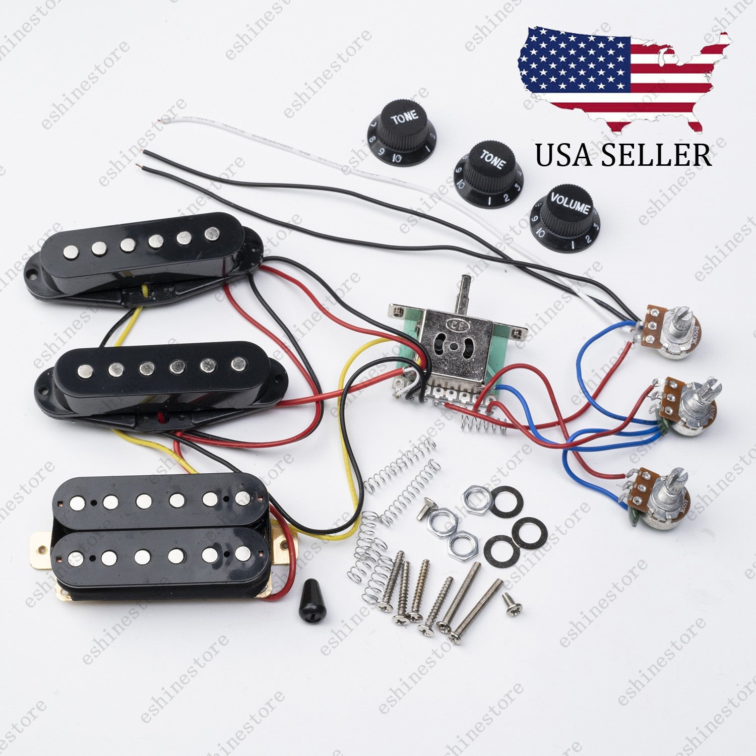 Electric Guitar SSH Pickup Wiring Harness Prewired Kit 500K Pots for ST- Black