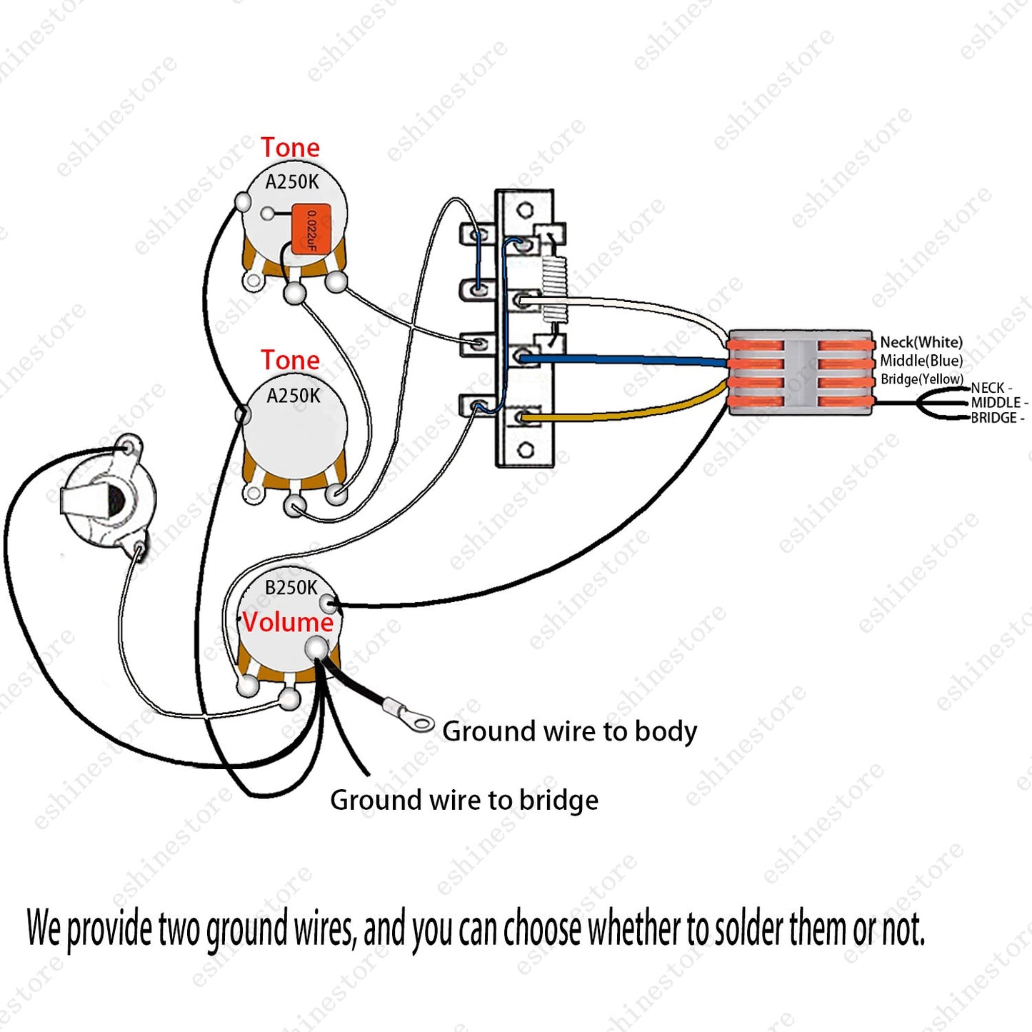 Solderless Guitar Pre-Wired Wiring Harness 5-Way Switch 2T1V A/B250K pots for ST
