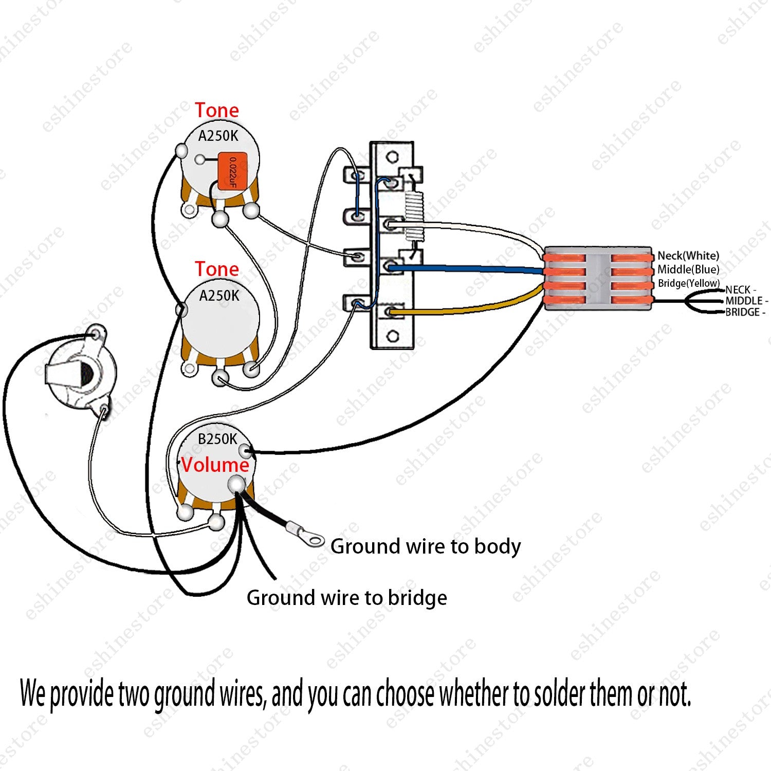 Solderless Guitar Pre-Wired Wiring Harness 5-Way Switch 2T1V A/B250K pots for ST