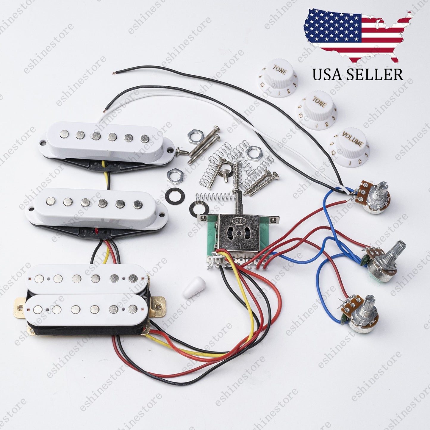 Electric Guitar SSH Pickup Wiring Harness Prewired Kit 500K Pots for ST- White