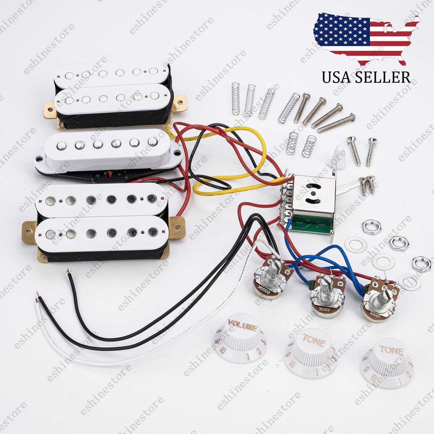 5-Way Guitar HSH Pickup Wiring Harness Prewired 2T1V 500K Pots for Start- White