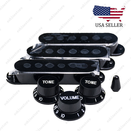Black Pot Knobs SSS Single Coil Pickup Covers and 5 Way Switch Tip For Strat