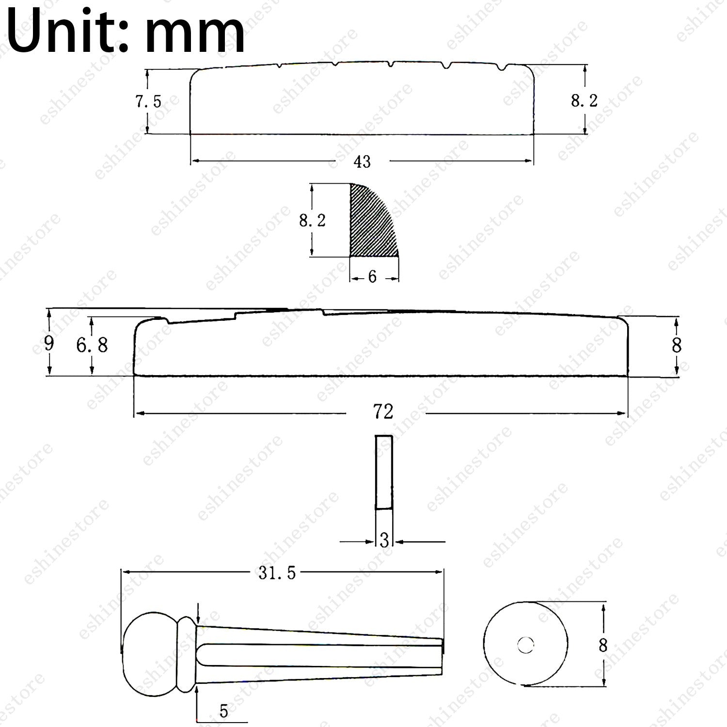1 set of Plastic 6-String Guitar Nut & Saddle + Bridge Pin for Acoustic Guitar