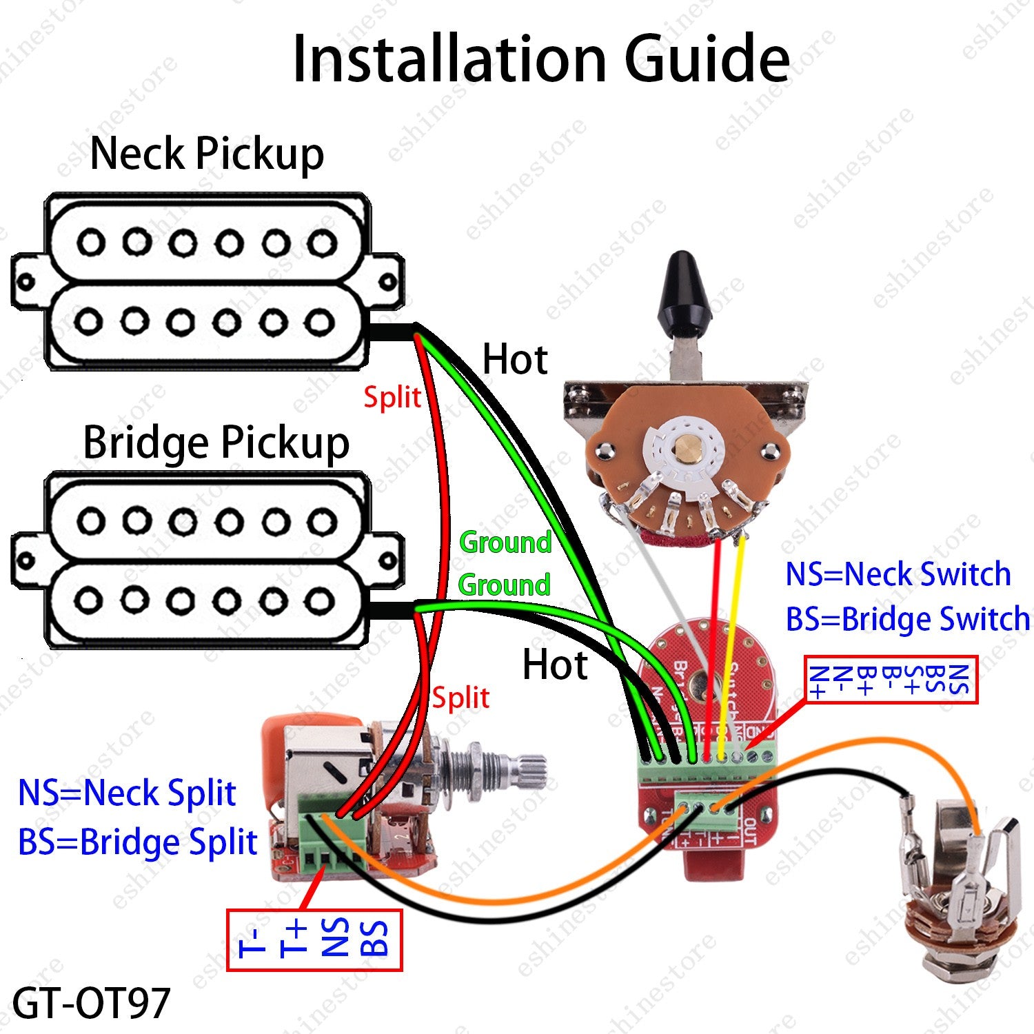 Solderless HH Wiring Harness Brass Shaft Pots Push-Push Coil Splitting for Strat