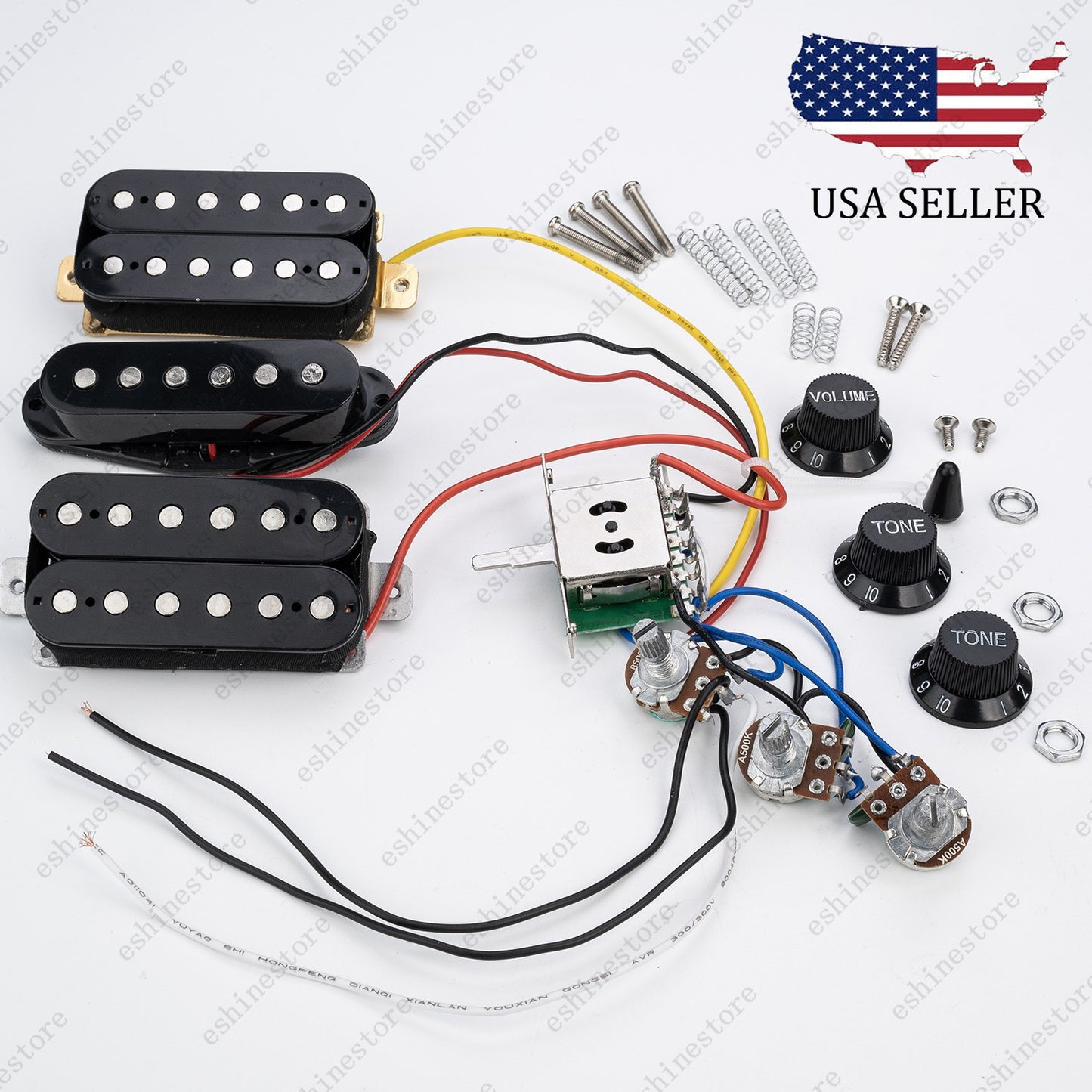 5-Way Guitar HSH Pickup Wiring Harness Prewired 2T1V 500K Pots for Start- Black