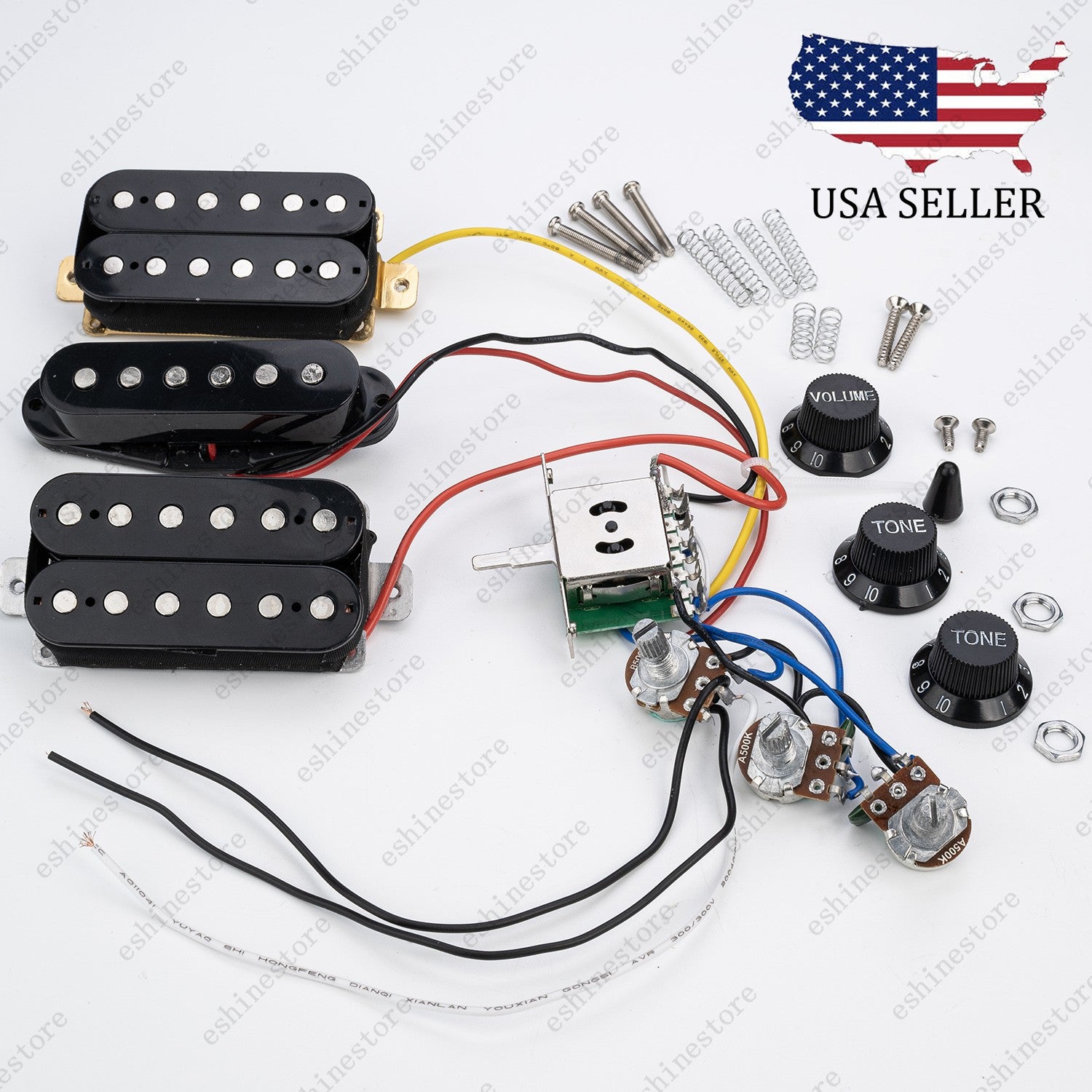 5-Way Guitar HSH Pickup Wiring Harness Prewired 2T1V 500K Pots for Start- Black