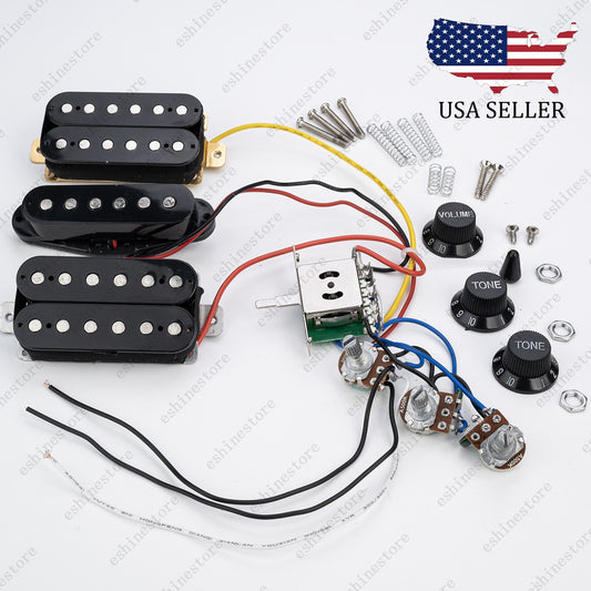 5-Way Guitar HSH Pickup Wiring Harness Prewired 2T1V 500K Pots for Start- Black