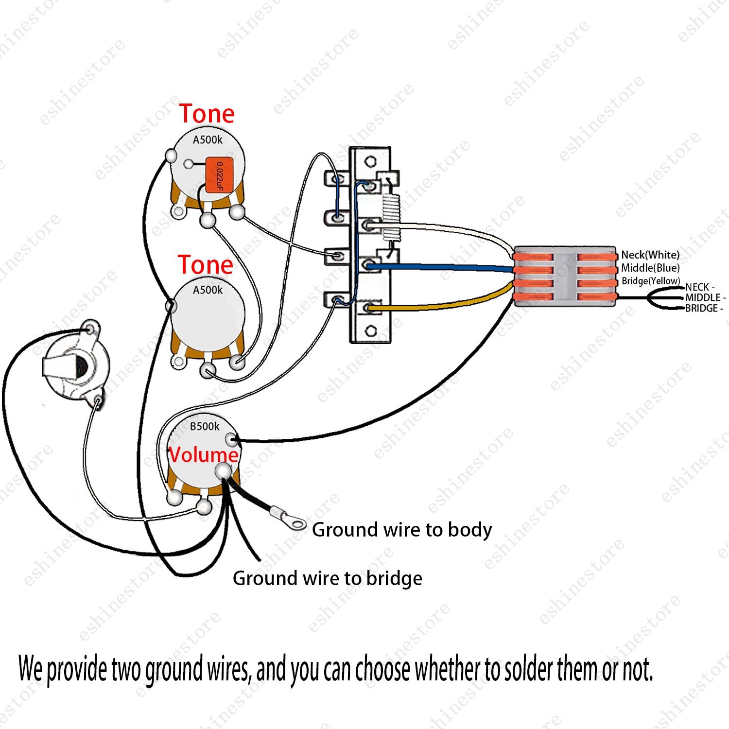Solderless Guitar Pre-Wired Wiring Harness 5-Way Switch 2T1V A/B500K pots for ST