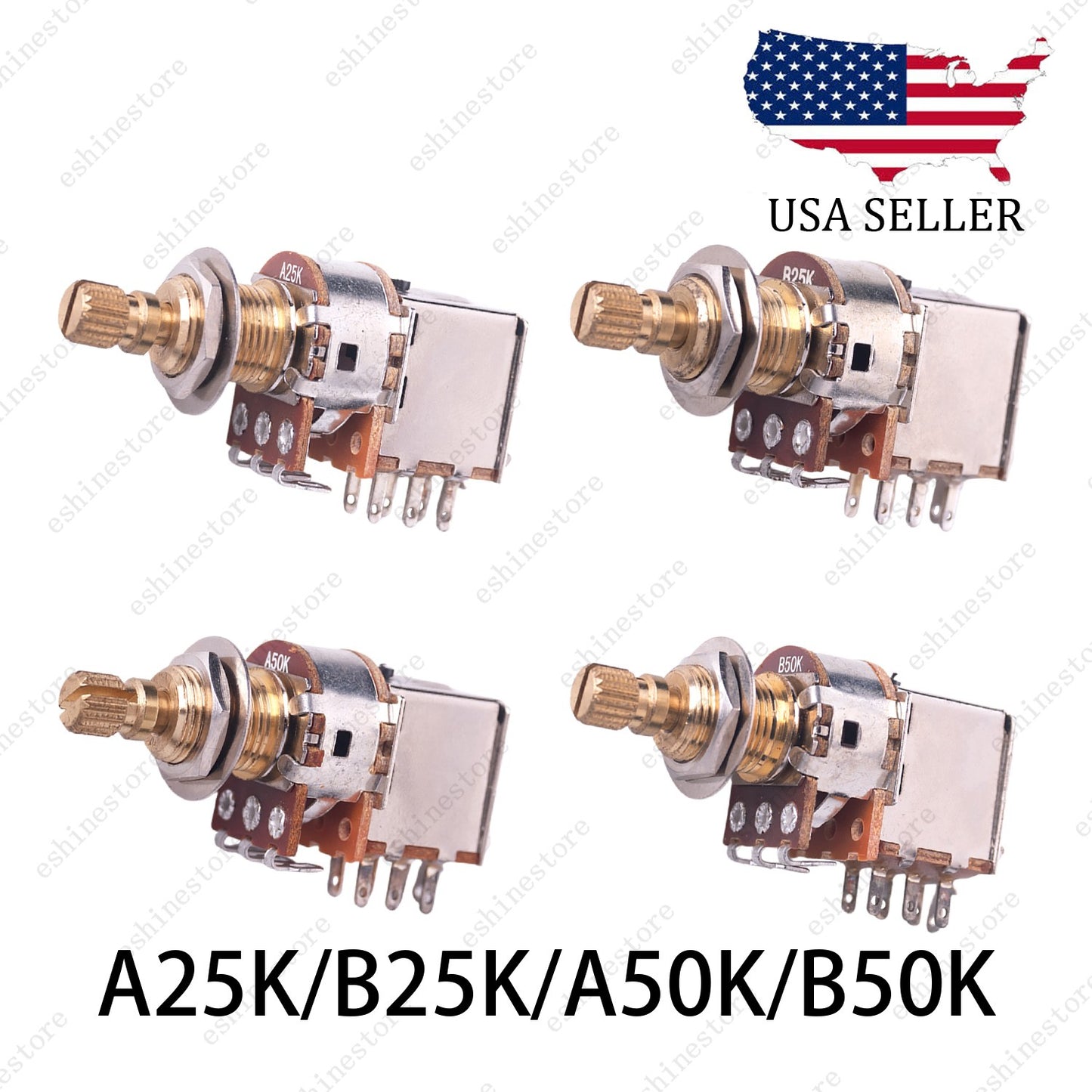 4x 18-Split Brass Long Shaft Pot Push-Push Switch A/B25/50K/ For Active Pickup