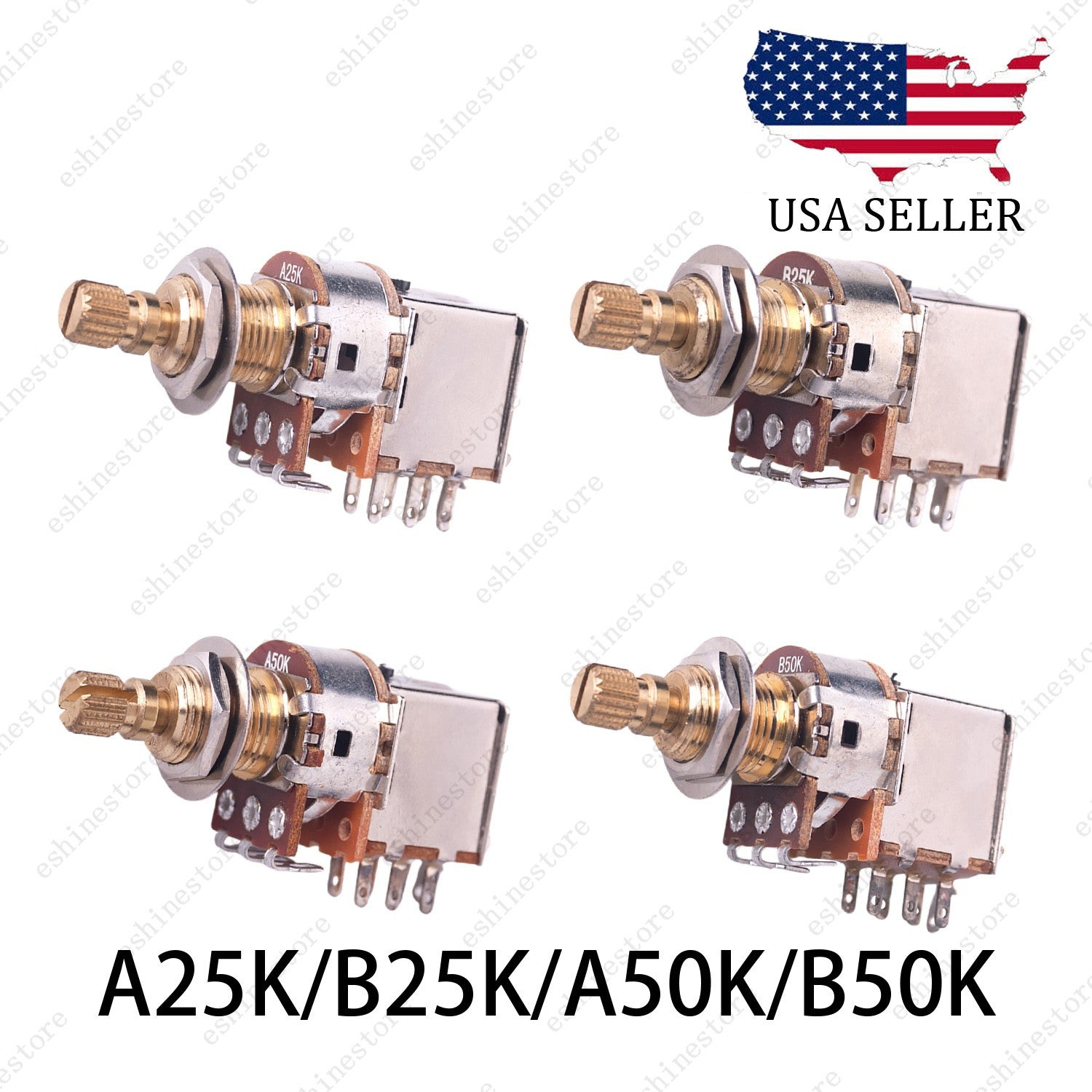 4x 18-Split Brass Long Shaft Pot Push-Push Switch A/B25/50K/ For Active Pickup