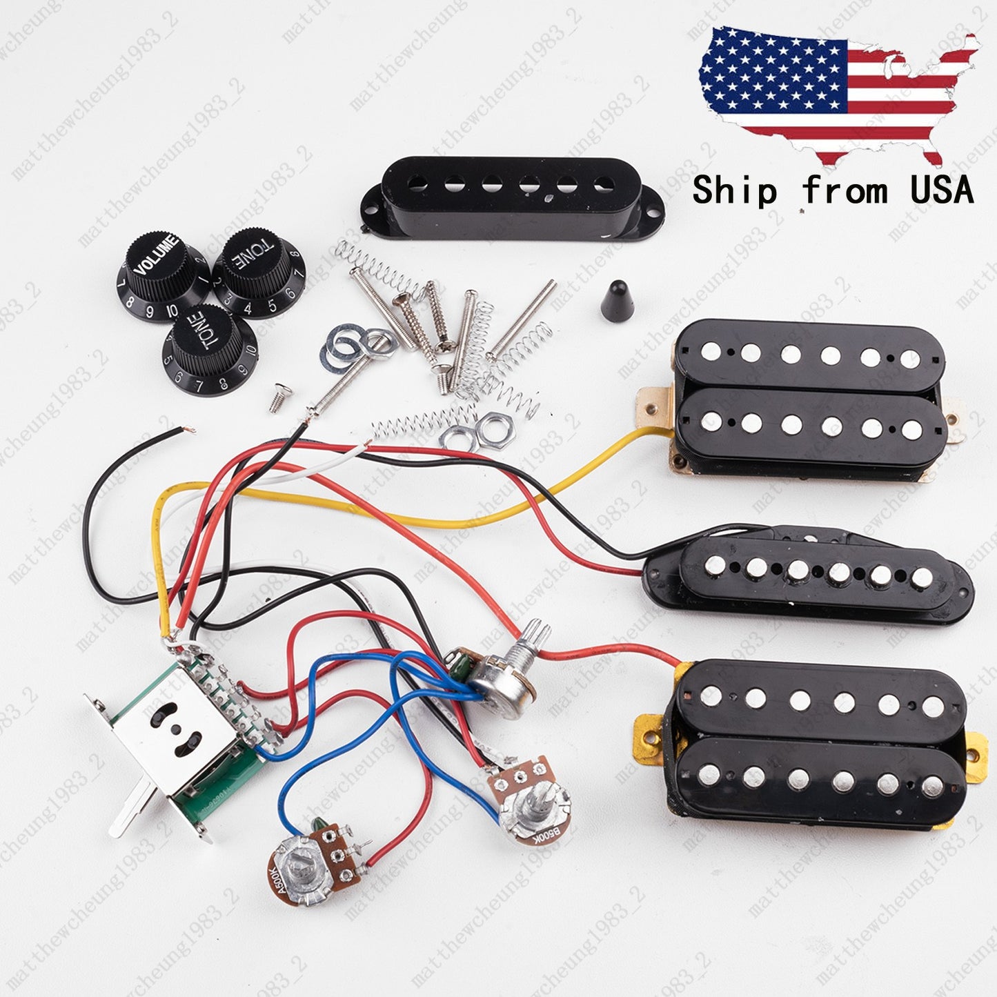 Electric Guitar HSH Pickups Wiring Harness with 500K Pots for Strat Guitar-Black