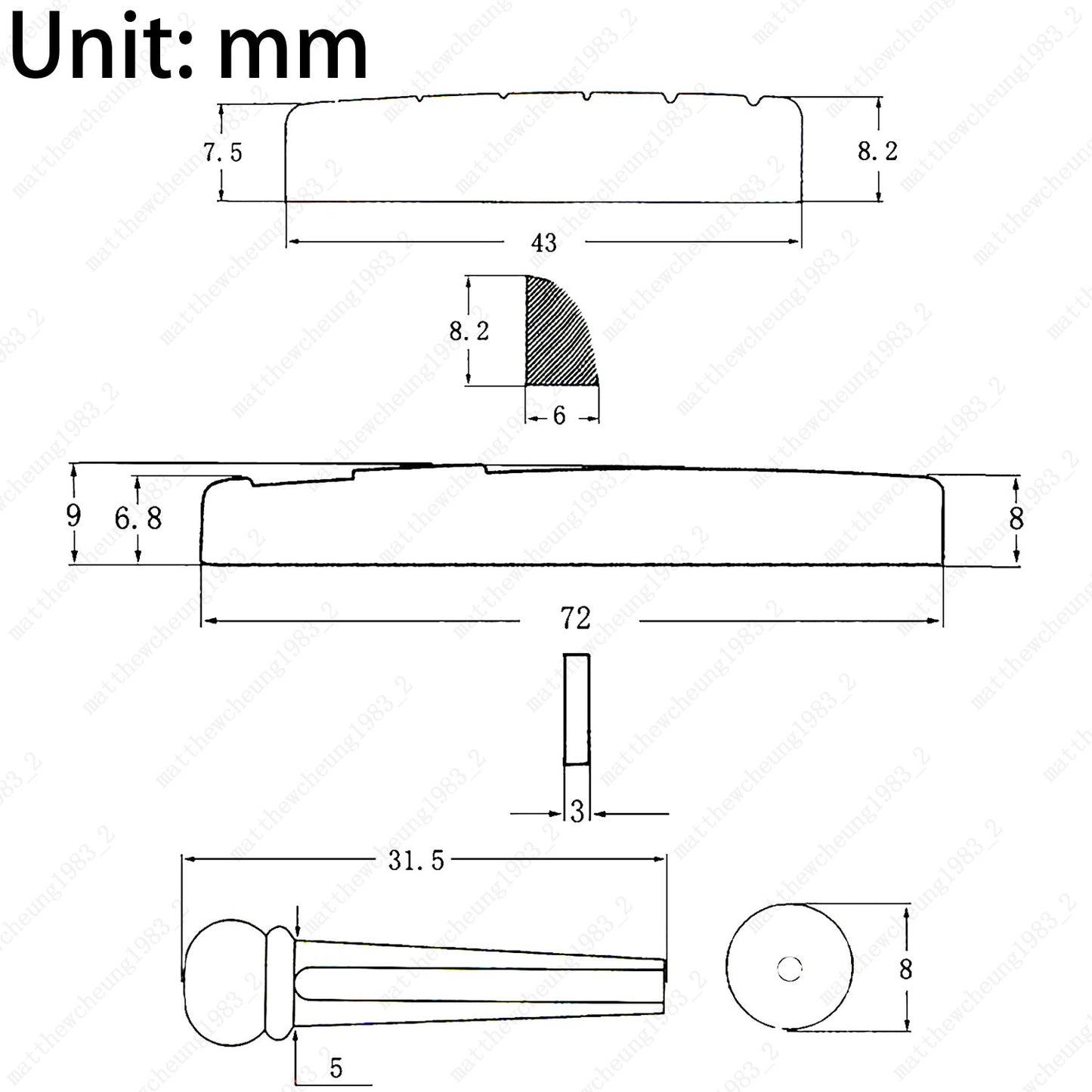 Guitar Bridge Saddle Nut with Guitar Bridge Pins for 6-String Acoustic Guitar