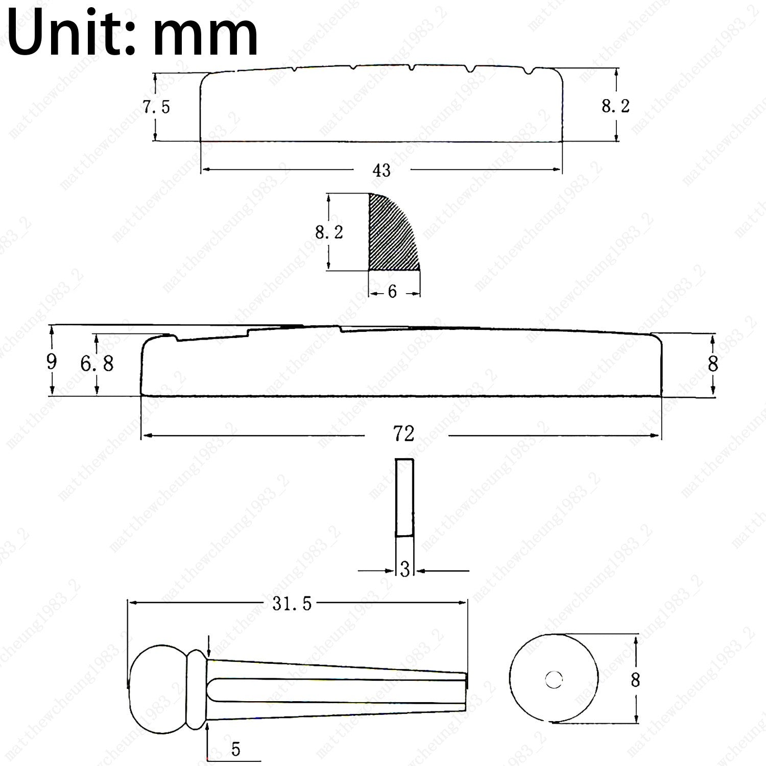 Guitar Bridge Saddle Nut with Guitar Bridge Pins for 6-String Acoustic Guitar