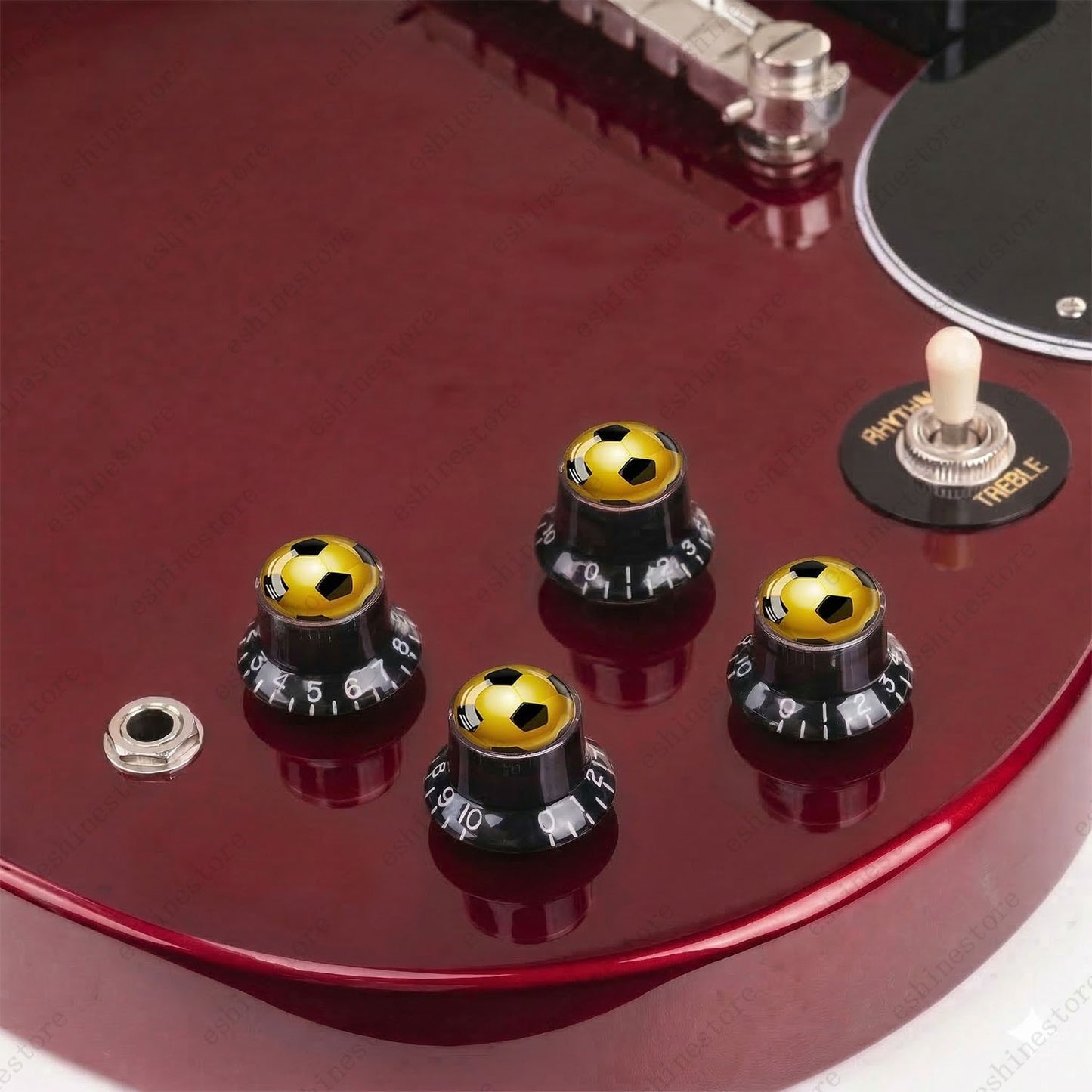 Guitar Reflector Knobs w/ Golden Soccer Design Cap Top Hat Knobs for Les Paul SG