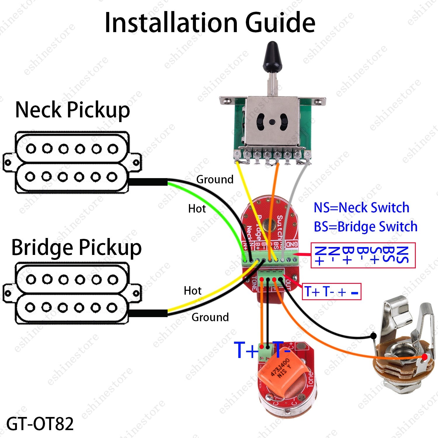 Solderless HH Wiring Harness Treble bleed Circuit with 3-Way Switch for Strat