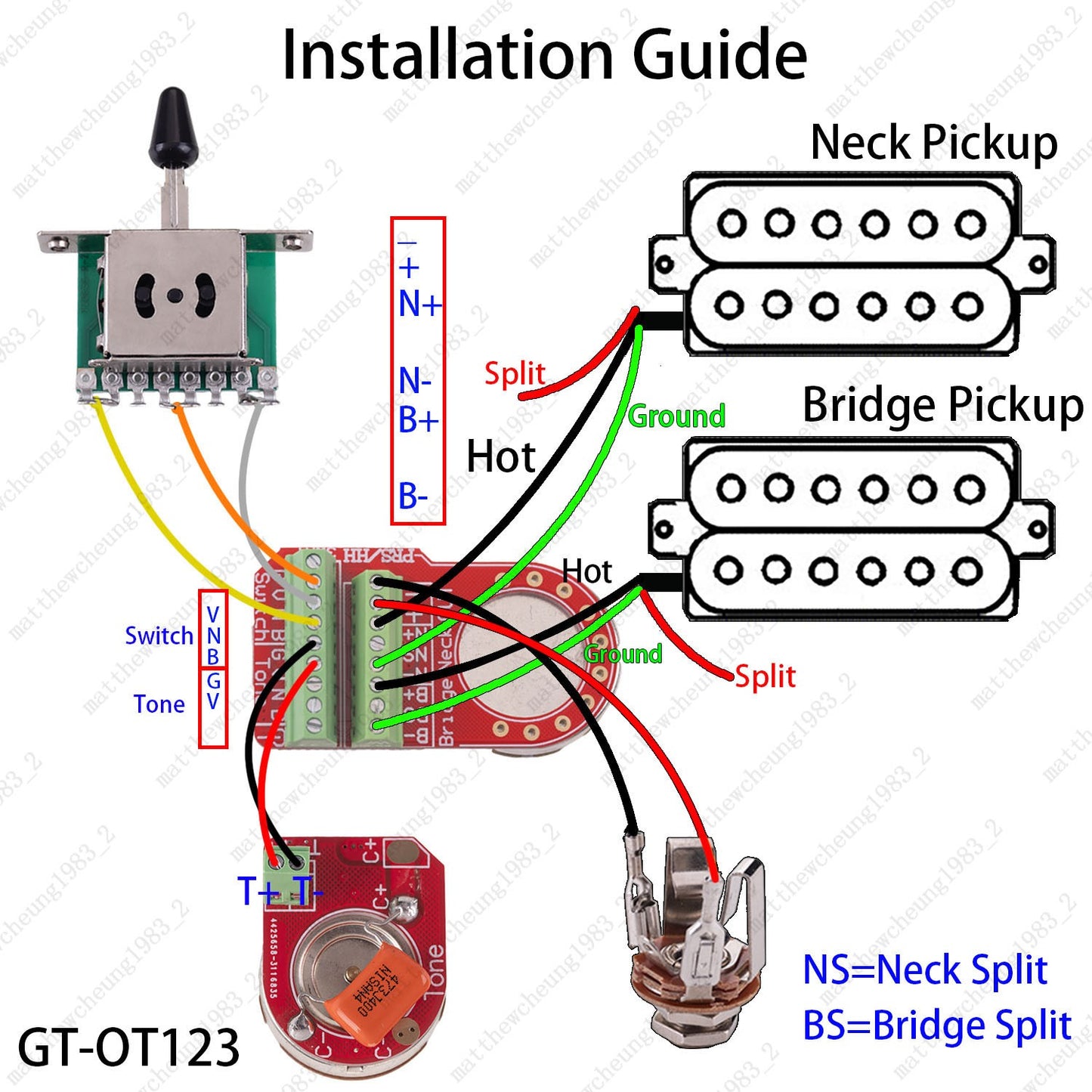 Soldierless HH Wiring Harness for Strat – 3-Way Switch, Treble Bleed, 18MM Pots