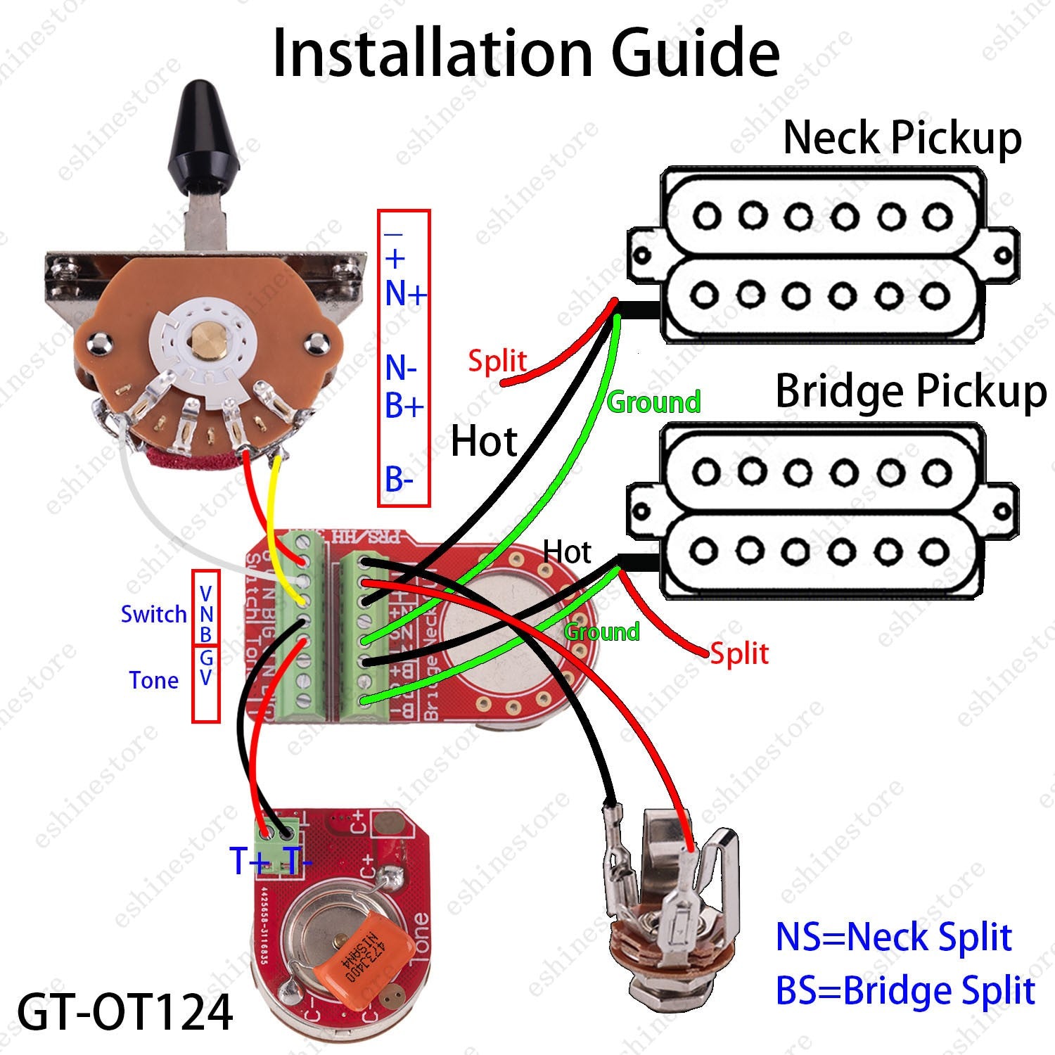 Solderless H-H Wiring Harness Premium Brass Pots + 3-Way Switch for Stratocaster