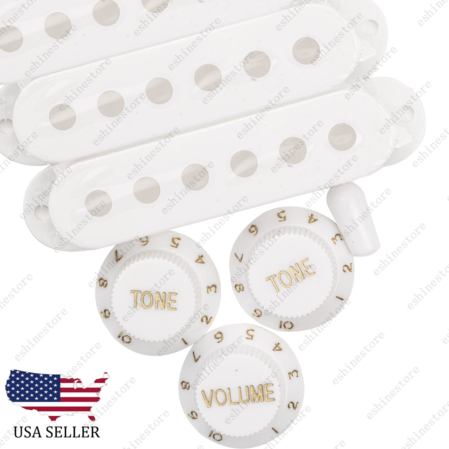 White Knobs SSS Single Coil Pickup Covers and 5 Way Switch Tip For Stratocaster