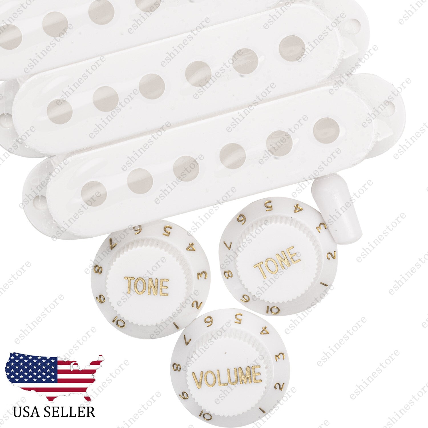 White Knobs SSS Single Coil Pickup Covers and 5 Way Switch Tip For Stratocaster