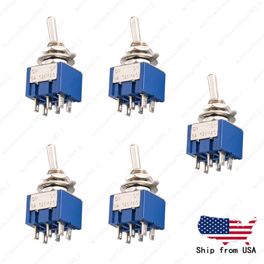 5x DPDT Guitar Mini Toggle Switch 2 Position ON/ON 6 PIN Car/Boat Switches Blue