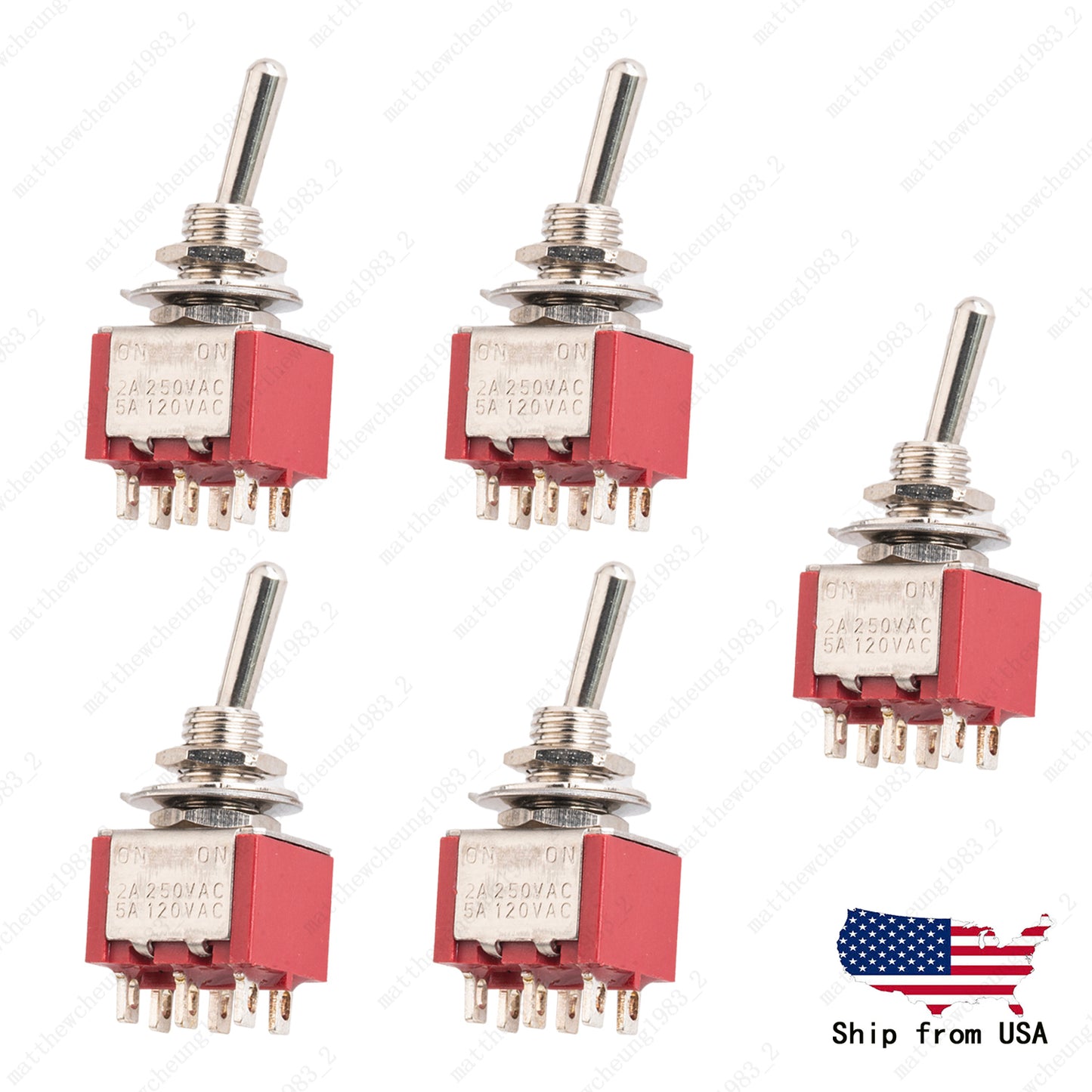 5x DPDT Guitar Mini Toggle Switch 2 Position ON/ON 6 PIN Car/Boat Switches Red